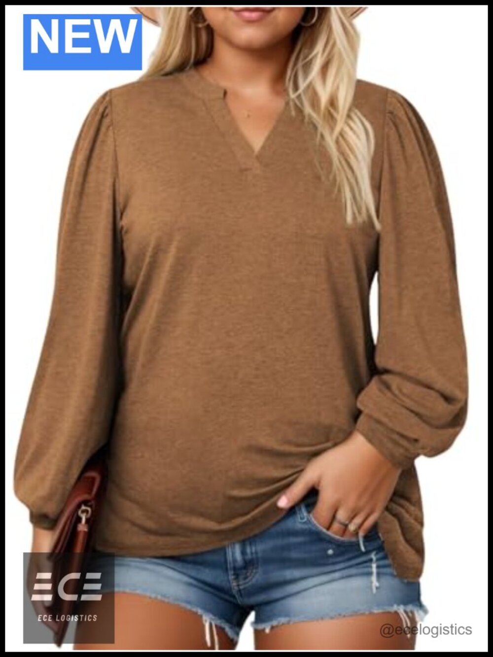 Plus Size Puff Lantern Long Sleeve Notch V Neck Tunic Blouse